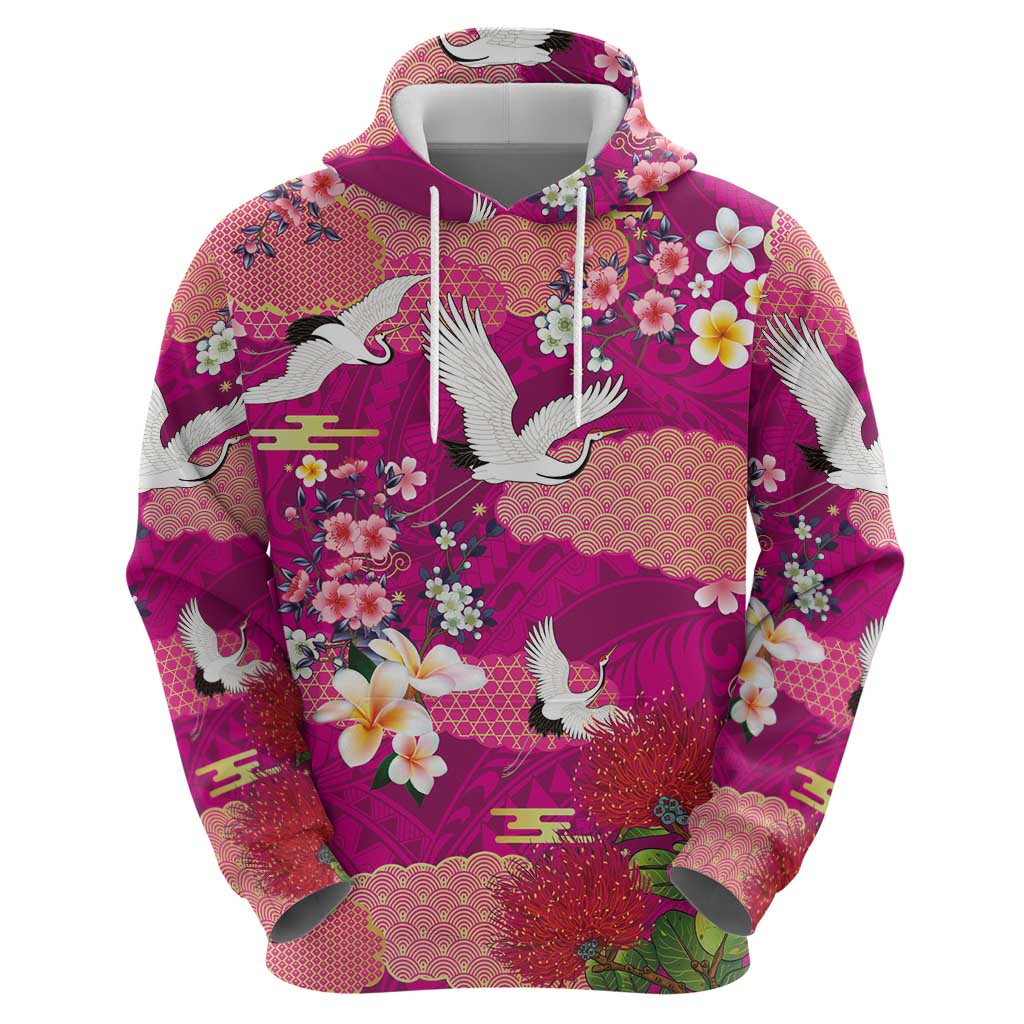 Hawaiian and Japanese Culture Together Hoodie Pink Ohia Lehua Plumeria and Sakura Blooming - Polynesian Pride