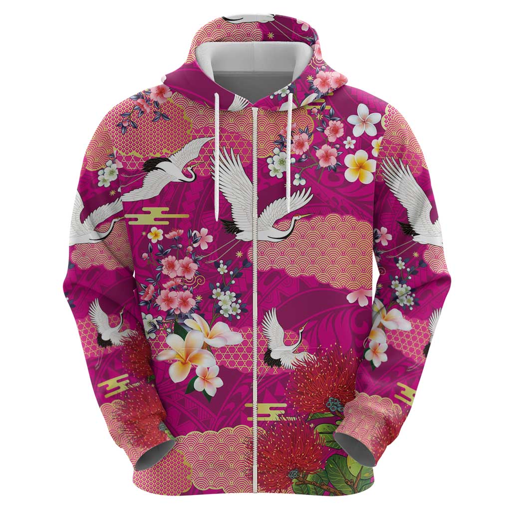 Hawaiian and Japanese Culture Together Hoodie Pink Ohia Lehua Plumeria and Sakura Blooming - Polynesian Pride