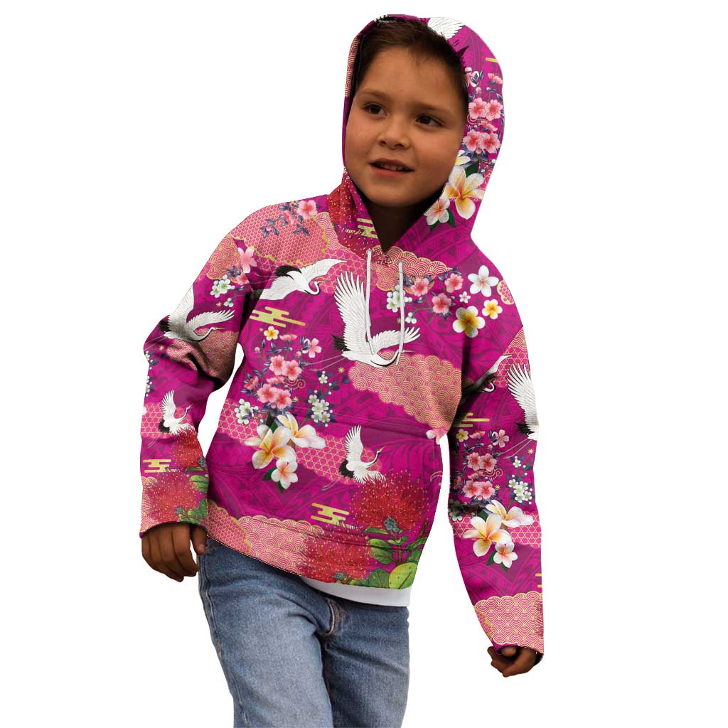 Hawaiian and Japanese Culture Together Kid Hoodie Pink Ohia Lehua Plumeria and Sakura Blooming - Polynesian Pride
