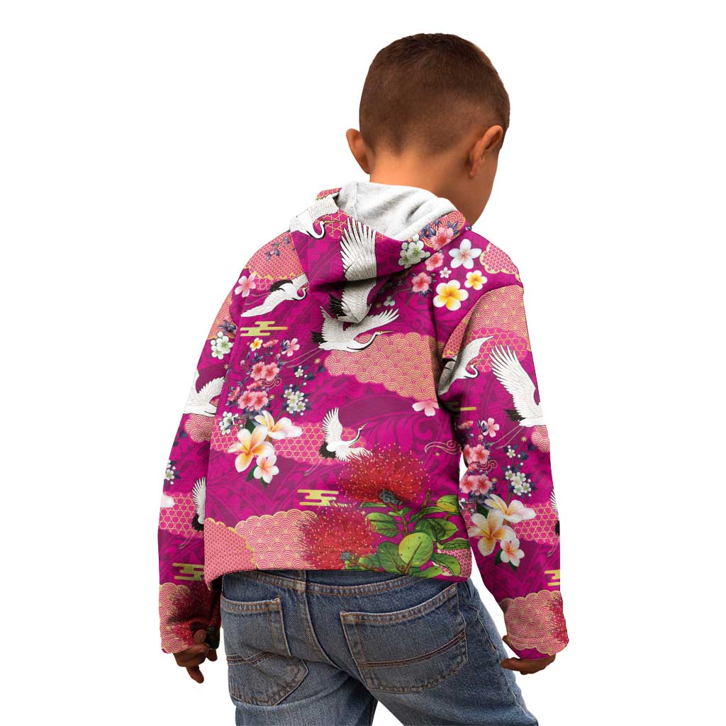 Hawaiian and Japanese Culture Together Kid Hoodie Pink Ohia Lehua Plumeria and Sakura Blooming - Polynesian Pride