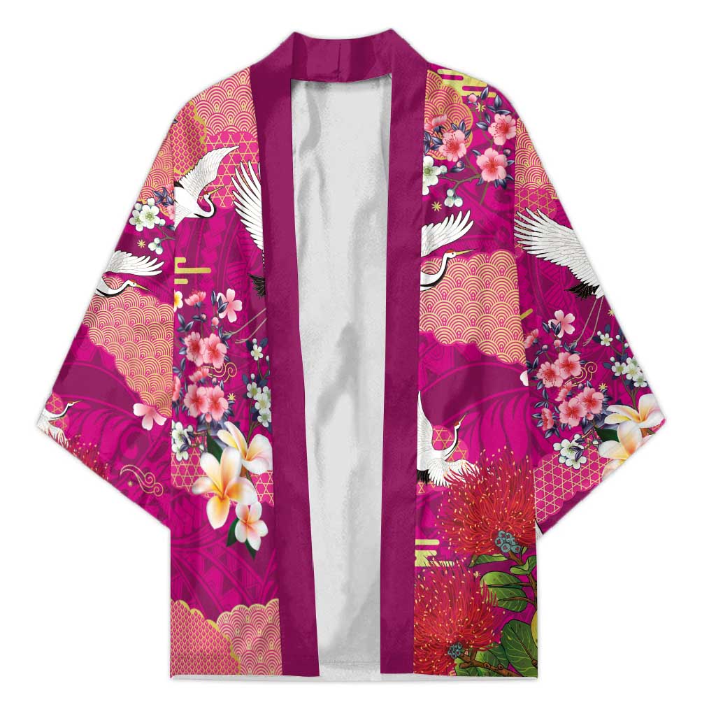 Hawaiian and Japanese Culture Together Kimono Pink Ohia Lehua Plumeria and Sakura Blooming - Polynesian Pride