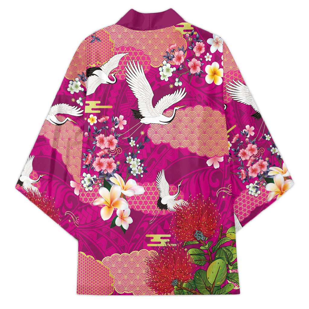 Hawaiian and Japanese Culture Together Kimono Pink Ohia Lehua Plumeria and Sakura Blooming - Polynesian Pride