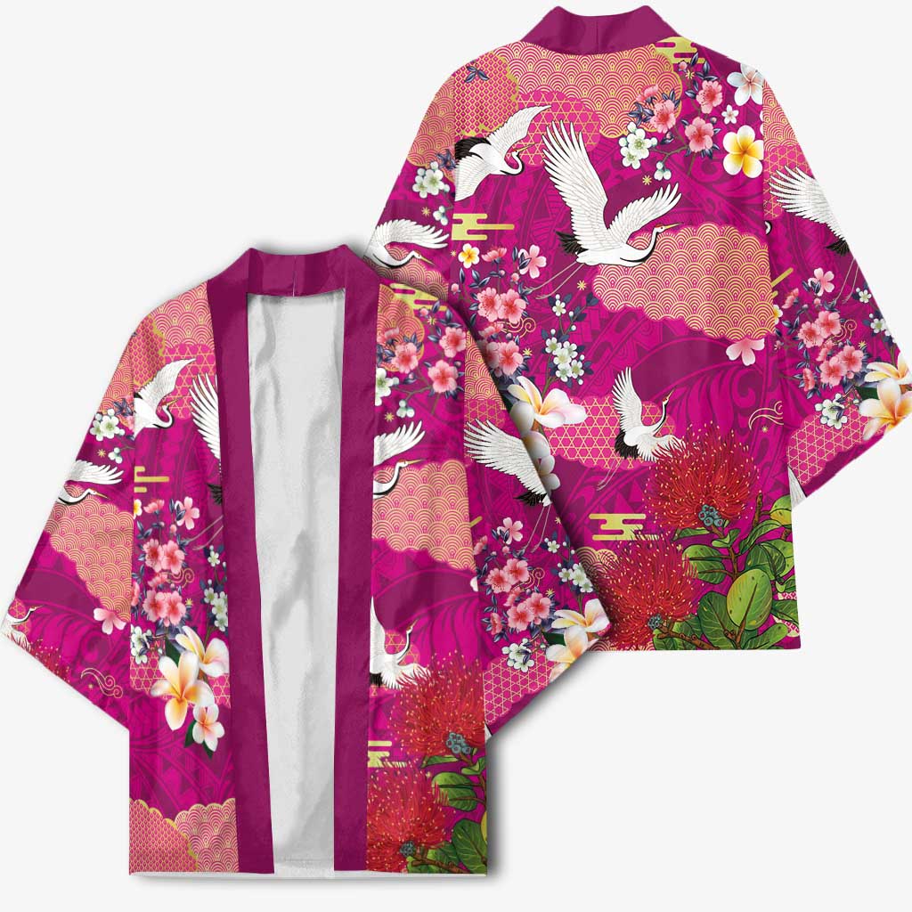 Hawaiian and Japanese Culture Together Kimono Pink Ohia Lehua Plumeria and Sakura Blooming - Polynesian Pride