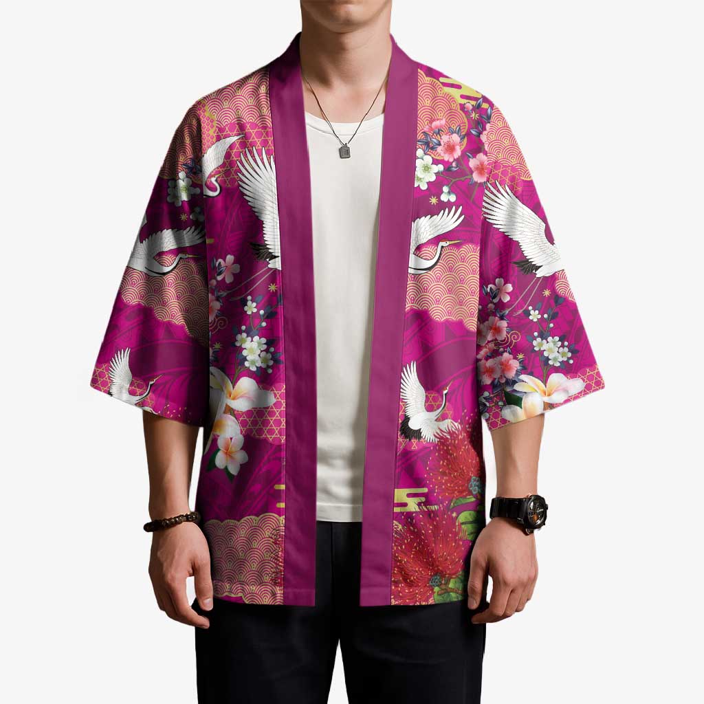 Hawaiian and Japanese Culture Together Kimono Pink Ohia Lehua Plumeria and Sakura Blooming - Polynesian Pride