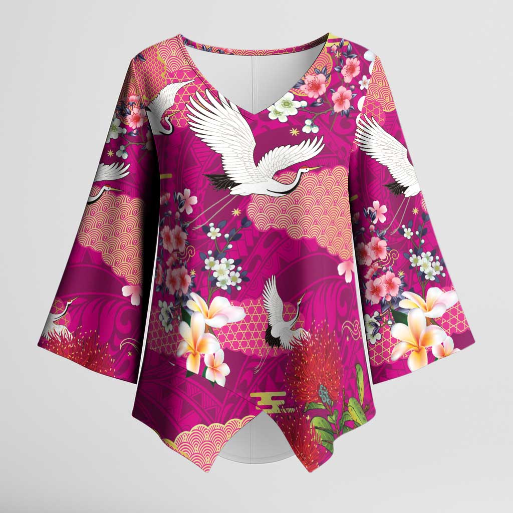 Hawaiian and Japanese Culture Together Kimono Sleeve Blouse Pink Ohia Lehua Plumeria and Sakura Blooming - Polynesian Pride