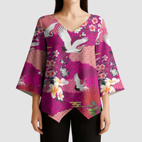 Hawaiian and Japanese Culture Together Kimono Sleeve Blouse Pink Ohia Lehua Plumeria and Sakura Blooming - Polynesian Pride