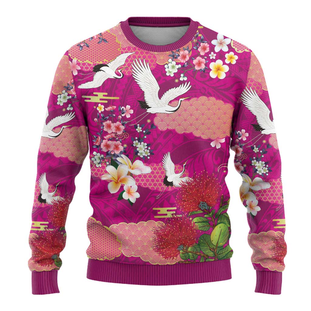Hawaiian and Japanese Culture Together Ugly Christmas Sweater Pink Ohia Lehua Plumeria and Sakura Blooming - Polynesian Pride