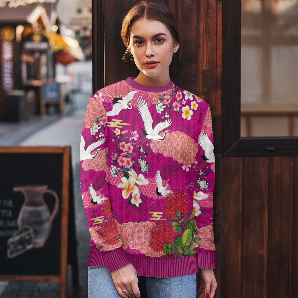 Hawaiian and Japanese Culture Together Ugly Christmas Sweater Pink Ohia Lehua Plumeria and Sakura Blooming - Polynesian Pride