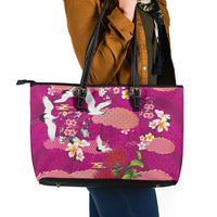 Hawaiian and Japanese Culture Together Leather Tote Bag Pink Ohia Lehua Plumeria and Sakura Blooming - Polynesian Pride