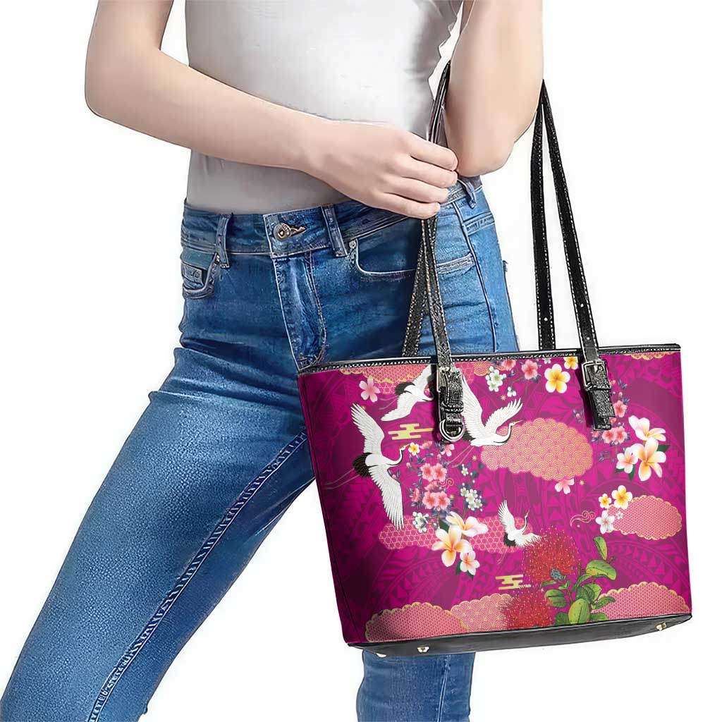 Hawaiian and Japanese Culture Together Leather Tote Bag Pink Ohia Lehua Plumeria and Sakura Blooming - Polynesian Pride