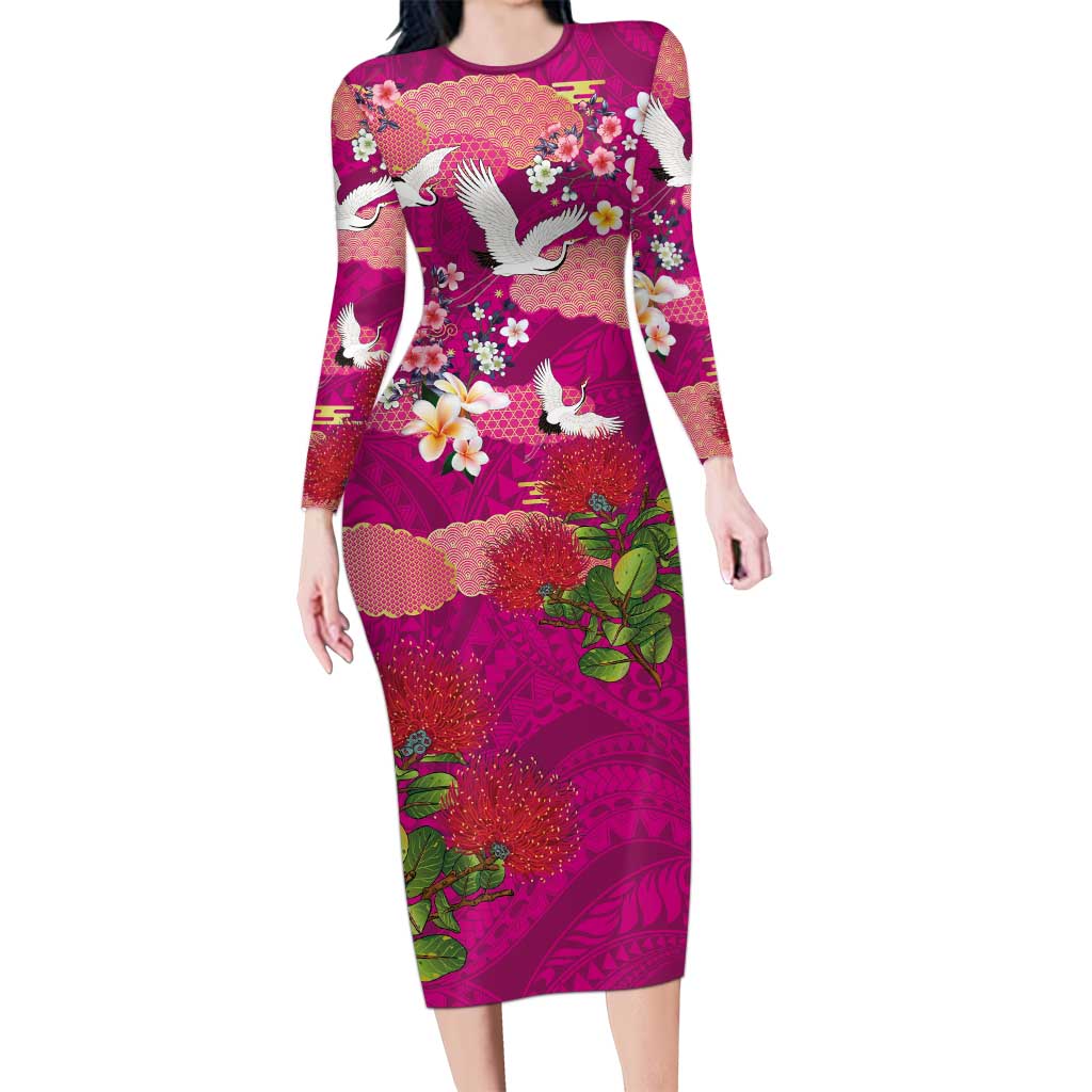 Hawaiian and Japanese Culture Together Long Sleeve Bodycon Dress Pink Ohia Lehua Plumeria and Sakura Blooming - Polynesian Pride