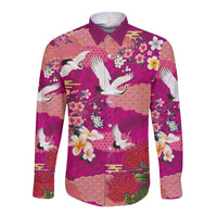 Hawaiian and Japanese Culture Together Long Sleeve Button Shirt Pink Ohia Lehua Plumeria and Sakura Blooming - Polynesian Pride