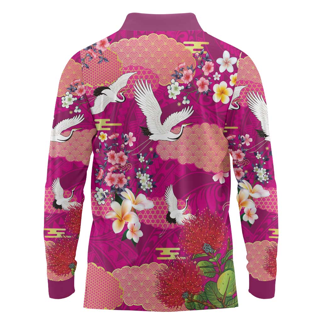 Hawaiian and Japanese Culture Together Long Sleeve Polo Shirt Pink Ohia Lehua Plumeria and Sakura Blooming - Polynesian Pride