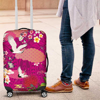 Hawaiian and Japanese Culture Together Luggage Cover Pink Ohia Lehua Plumeria and Sakura Blooming - Polynesian Pride
