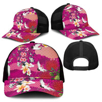 Hawaiian and Japanese Culture Together Mesh Trucker Cap Pink Ohia Lehua Plumeria and Sakura Blooming - Polynesian Pride