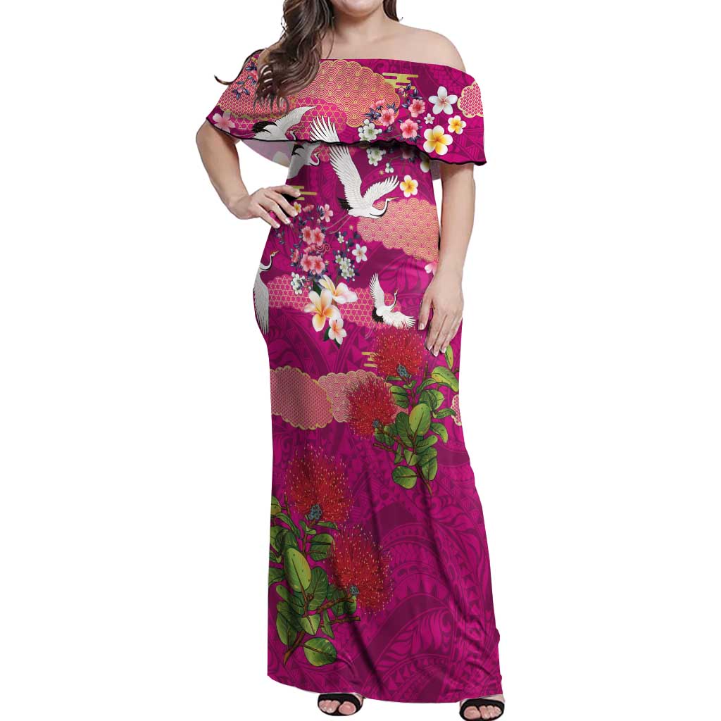 Hawaiian and Japanese Culture Together Off Shoulder Maxi Dress Pink Ohia Lehua Plumeria and Sakura Blooming - Polynesian Pride