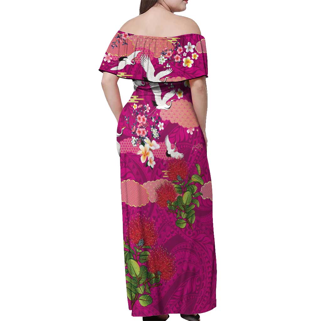 Hawaiian and Japanese Culture Together Off Shoulder Maxi Dress Pink Ohia Lehua Plumeria and Sakura Blooming - Polynesian Pride