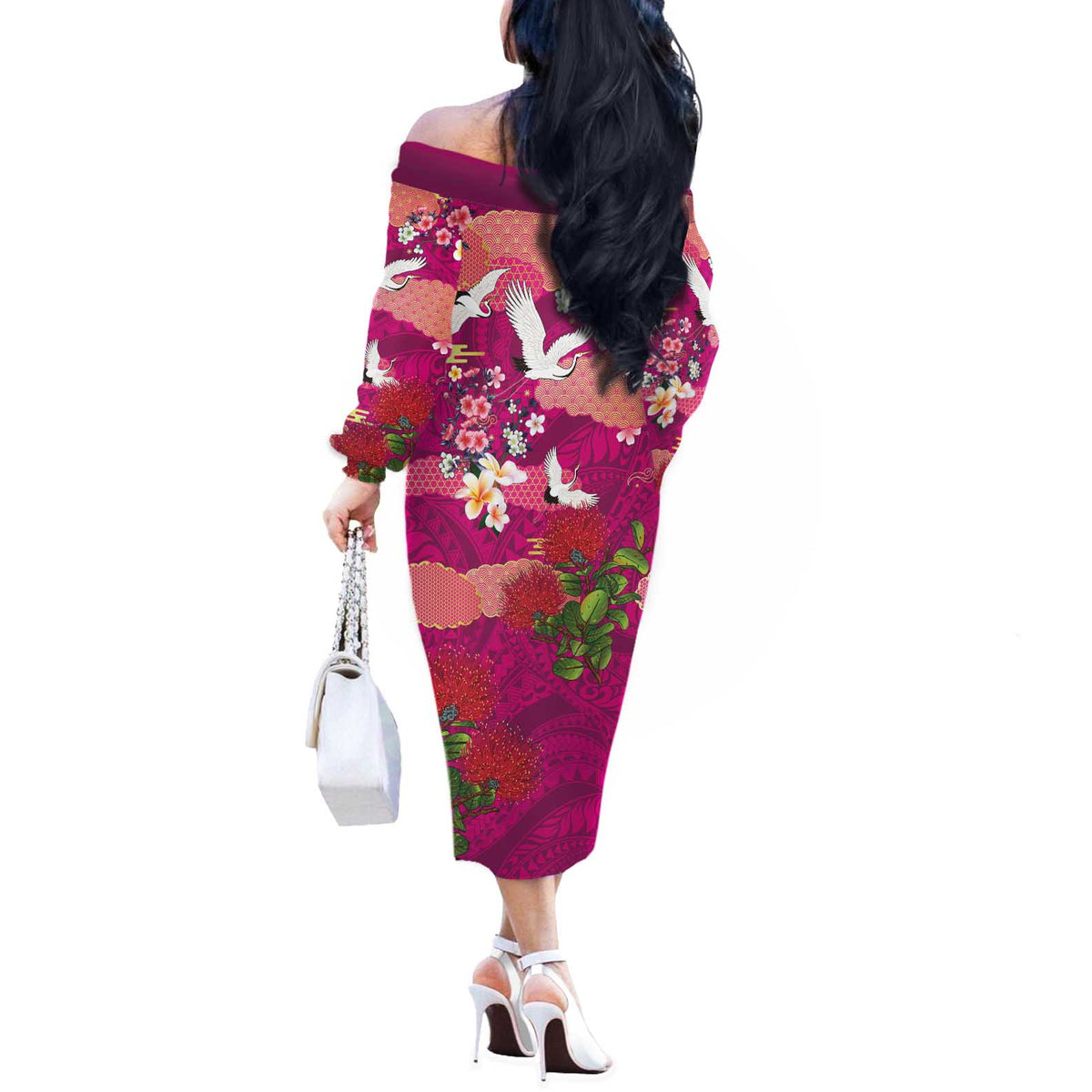 Hawaiian and Japanese Culture Together Off The Shoulder Long Sleeve Dress Pink Ohia Lehua Plumeria and Sakura Blooming - Polynesian Pride