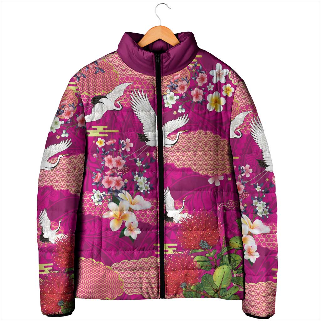 Hawaiian and Japanese Culture Together Padded Jacket Pink Ohia Lehua Plumeria and Sakura Blooming - Polynesian Pride