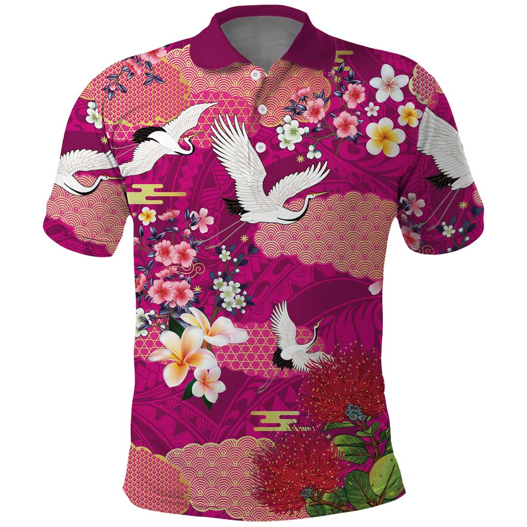 Hawaiian and Japanese Culture Together Polo Shirt Pink Ohia Lehua Plumeria and Sakura Blooming - Polynesian Pride