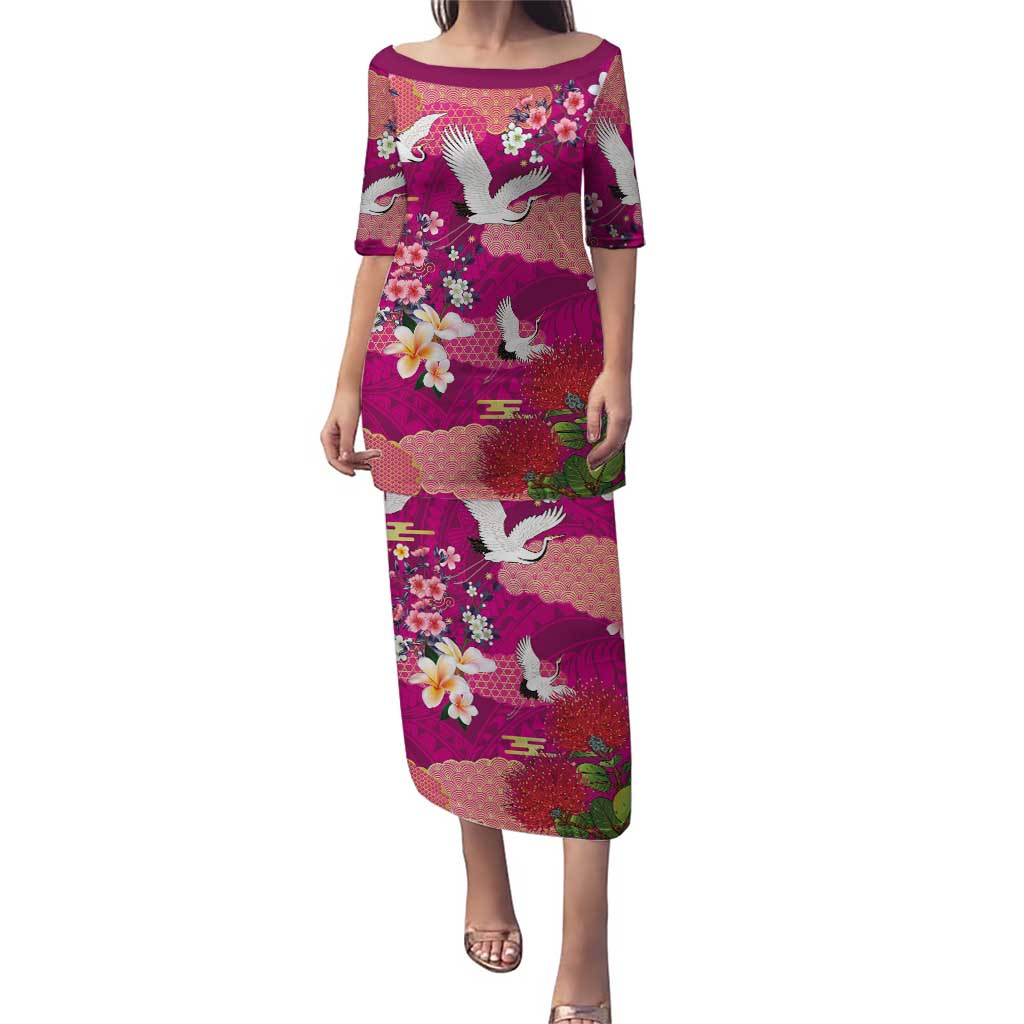 Hawaiian and Japanese Culture Together Puletasi Pink Ohia Lehua Plumeria and Sakura Blooming - Polynesian Pride