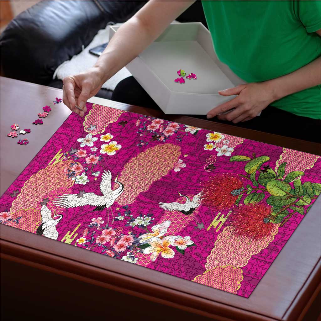 Hawaiian and Japanese Culture Together Puzzle Pink Ohia Lehua Plumeria and Sakura Blooming - Polynesian Pride