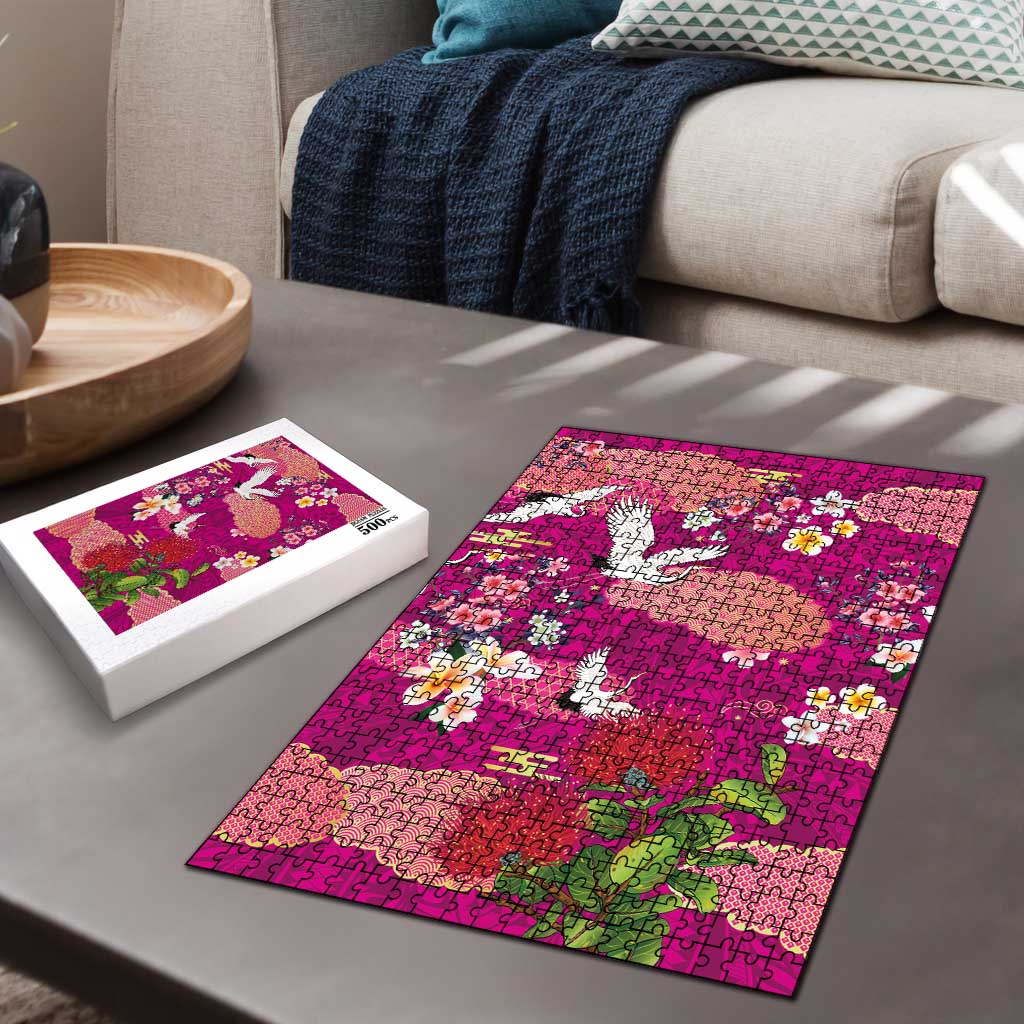 Hawaiian and Japanese Culture Together Puzzle Pink Ohia Lehua Plumeria and Sakura Blooming - Polynesian Pride