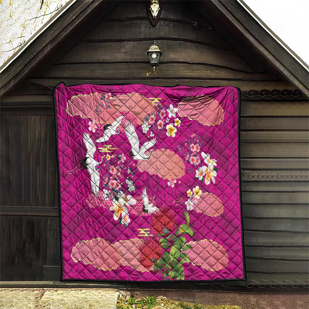 Hawaiian and Japanese Culture Together Quilt Pink Ohia Lehua Plumeria and Sakura Blooming - Polynesian Pride