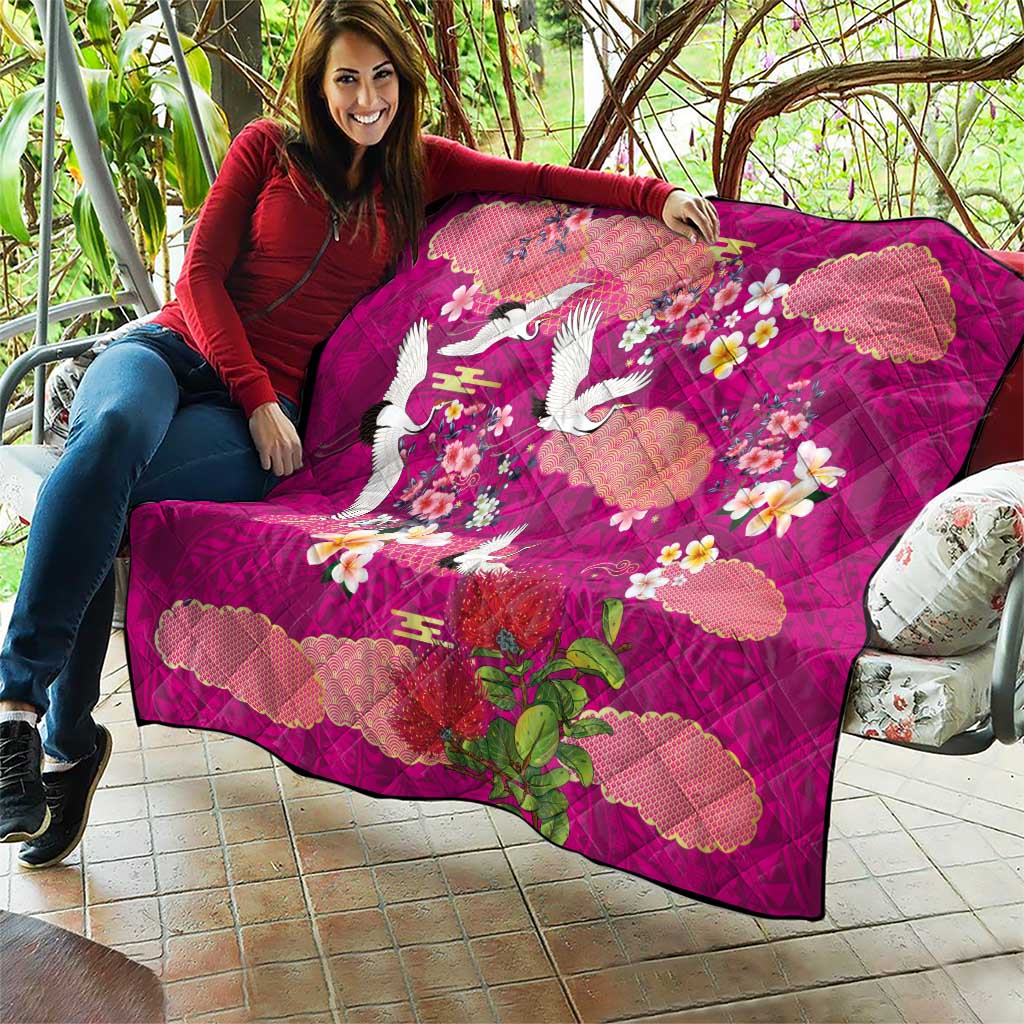 Hawaiian and Japanese Culture Together Quilt Pink Ohia Lehua Plumeria and Sakura Blooming - Polynesian Pride