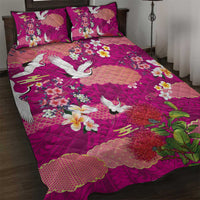 Hawaiian and Japanese Culture Together Quilt Bed Set Pink Ohia Lehua Plumeria and Sakura Blooming - Polynesian Pride