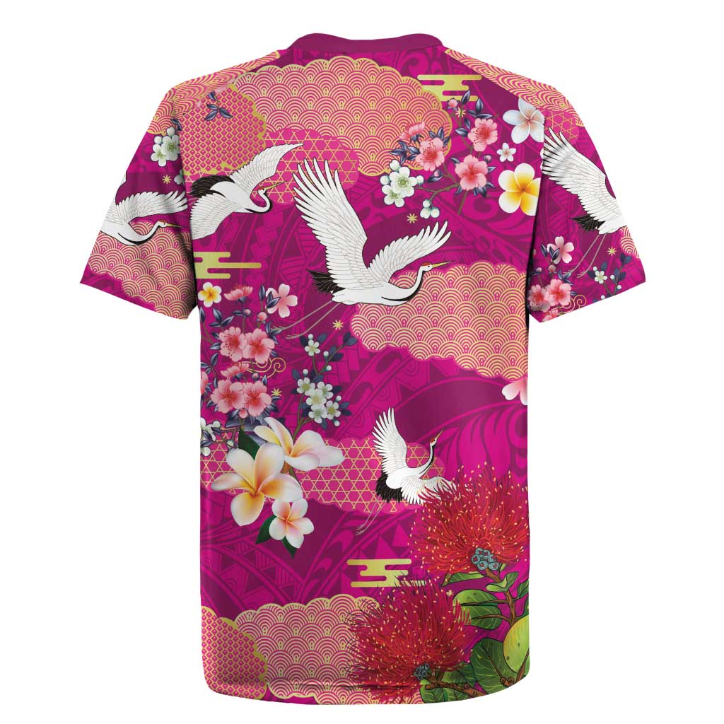 Hawaiian and Japanese Culture Together Rugby Jersey Pink Ohia Lehua Plumeria and Sakura Blooming - Polynesian Pride