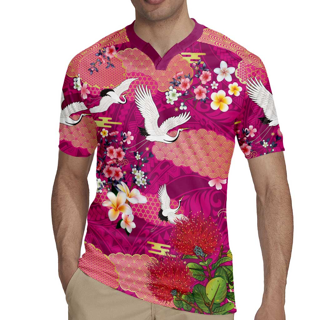 Hawaiian and Japanese Culture Together Rugby Jersey Pink Ohia Lehua Plumeria and Sakura Blooming - Polynesian Pride