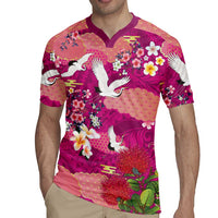Hawaiian and Japanese Culture Together Rugby Jersey Pink Ohia Lehua Plumeria and Sakura Blooming - Polynesian Pride