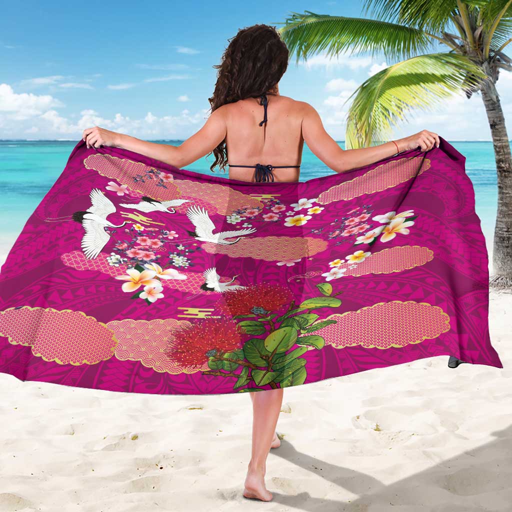 Hawaiian and Japanese Culture Together Sarong Pink Ohia Lehua Plumeria and Sakura Blooming - Polynesian Pride