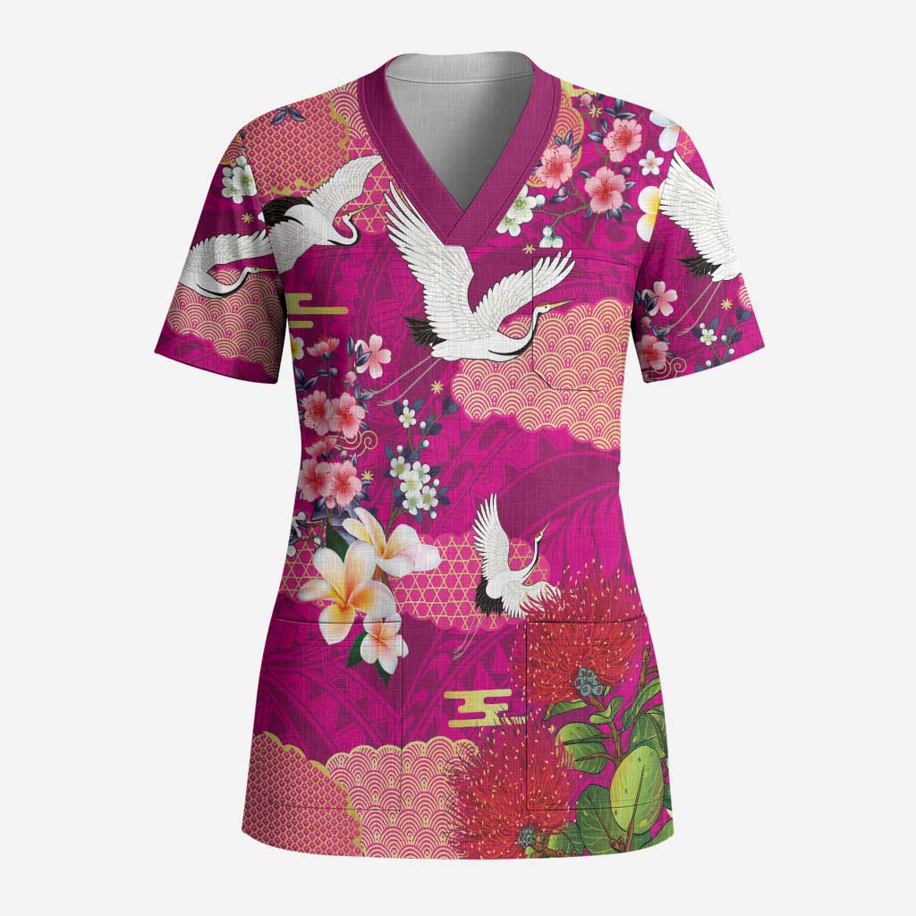 Hawaiian and Japanese Culture Together Scrub Top Pink Ohia Lehua Plumeria and Sakura Blooming - Polynesian Pride