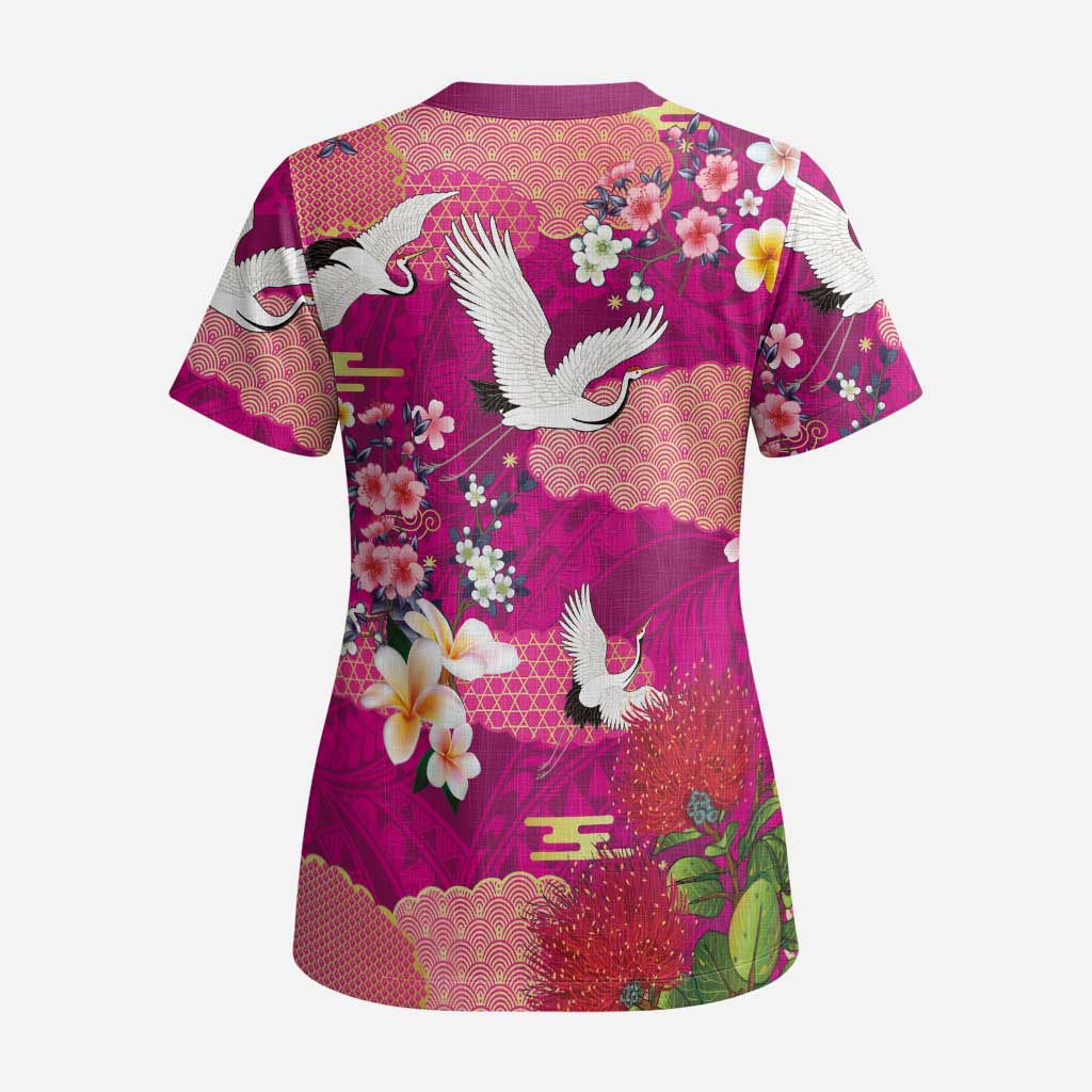 Hawaiian and Japanese Culture Together Scrub Top Pink Ohia Lehua Plumeria and Sakura Blooming - Polynesian Pride