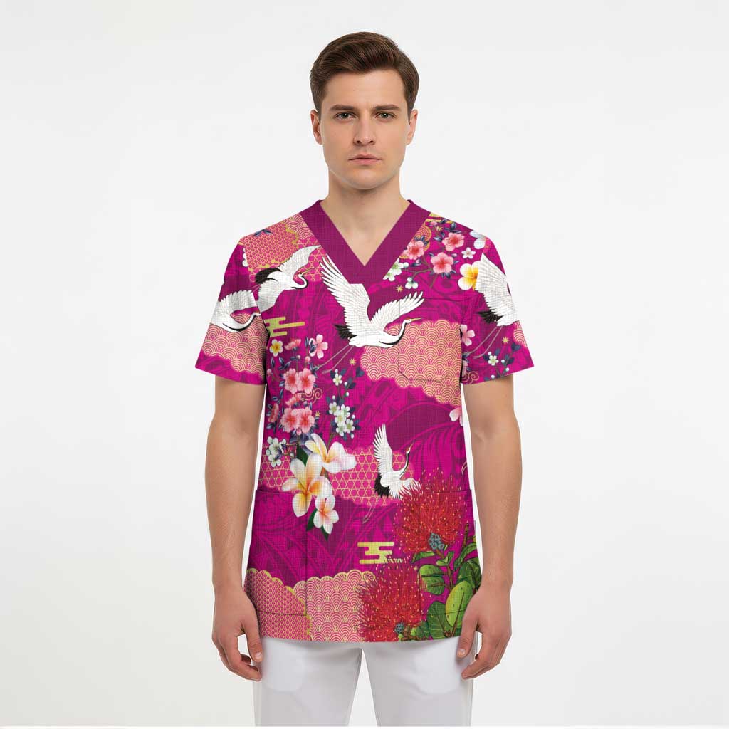 Hawaiian and Japanese Culture Together Scrub Top Pink Ohia Lehua Plumeria and Sakura Blooming - Polynesian Pride