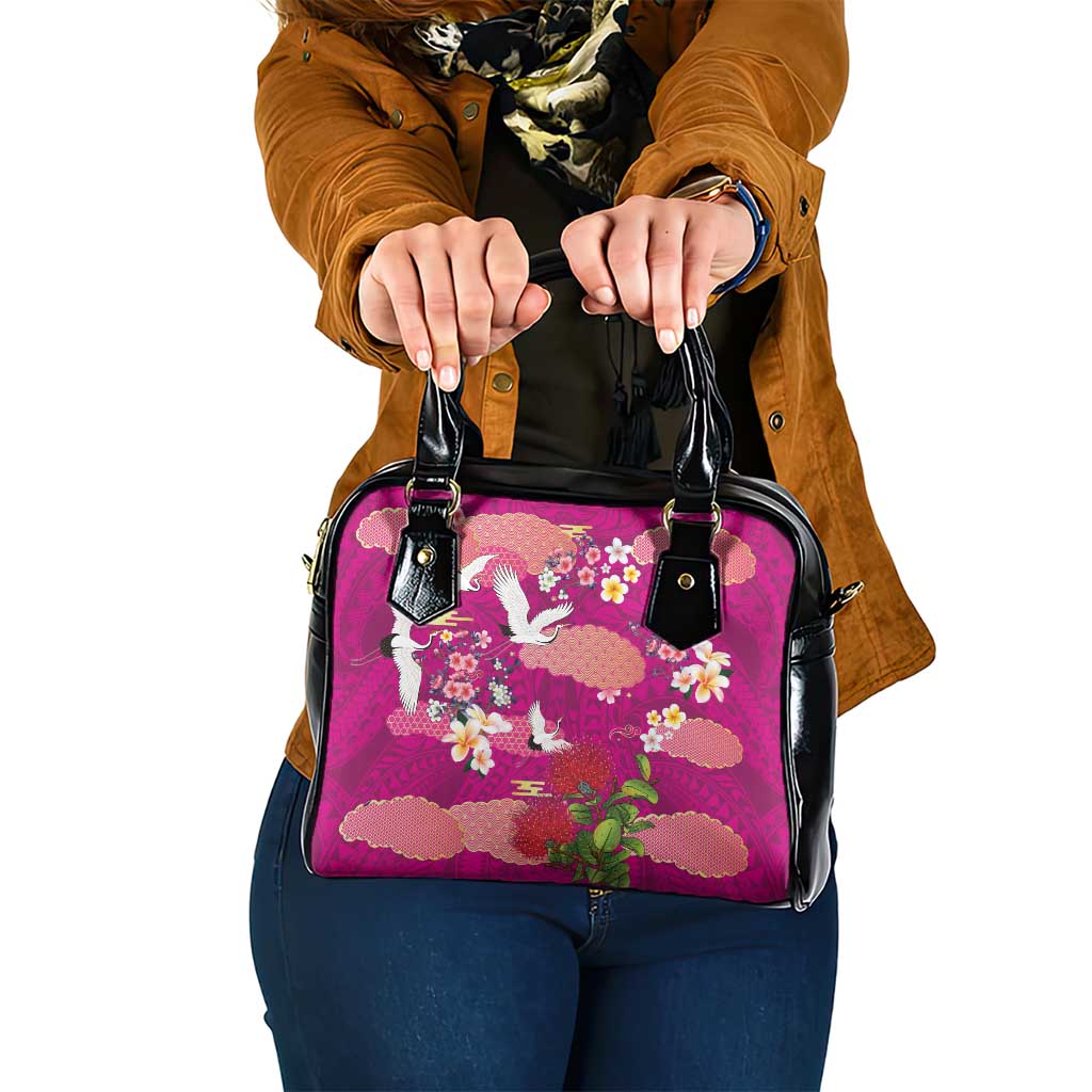 Hawaiian and Japanese Culture Together Shoulder Handbag Pink Ohia Lehua Plumeria and Sakura Blooming - Polynesian Pride
