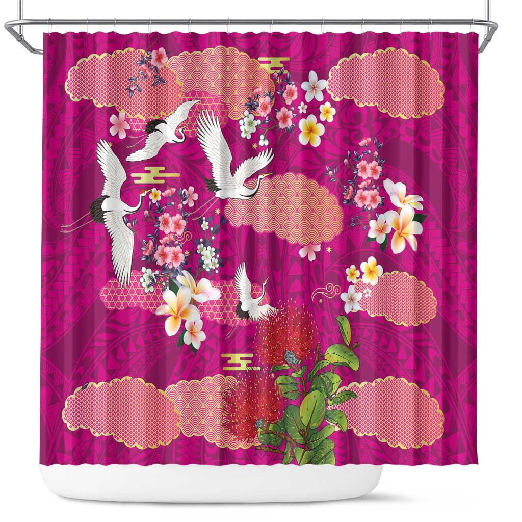 Hawaiian and Japanese Culture Together Shower Curtain Pink Ohia Lehua Plumeria and Sakura Blooming - Polynesian Pride