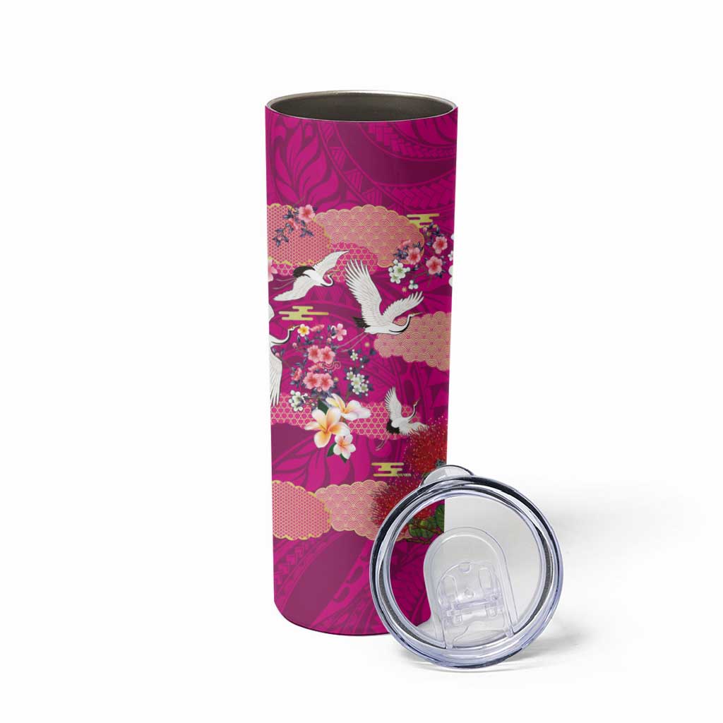Hawaiian and Japanese Culture Together Skinny Tumbler Pink Ohia Lehua Plumeria and Sakura Blooming - Polynesian Pride