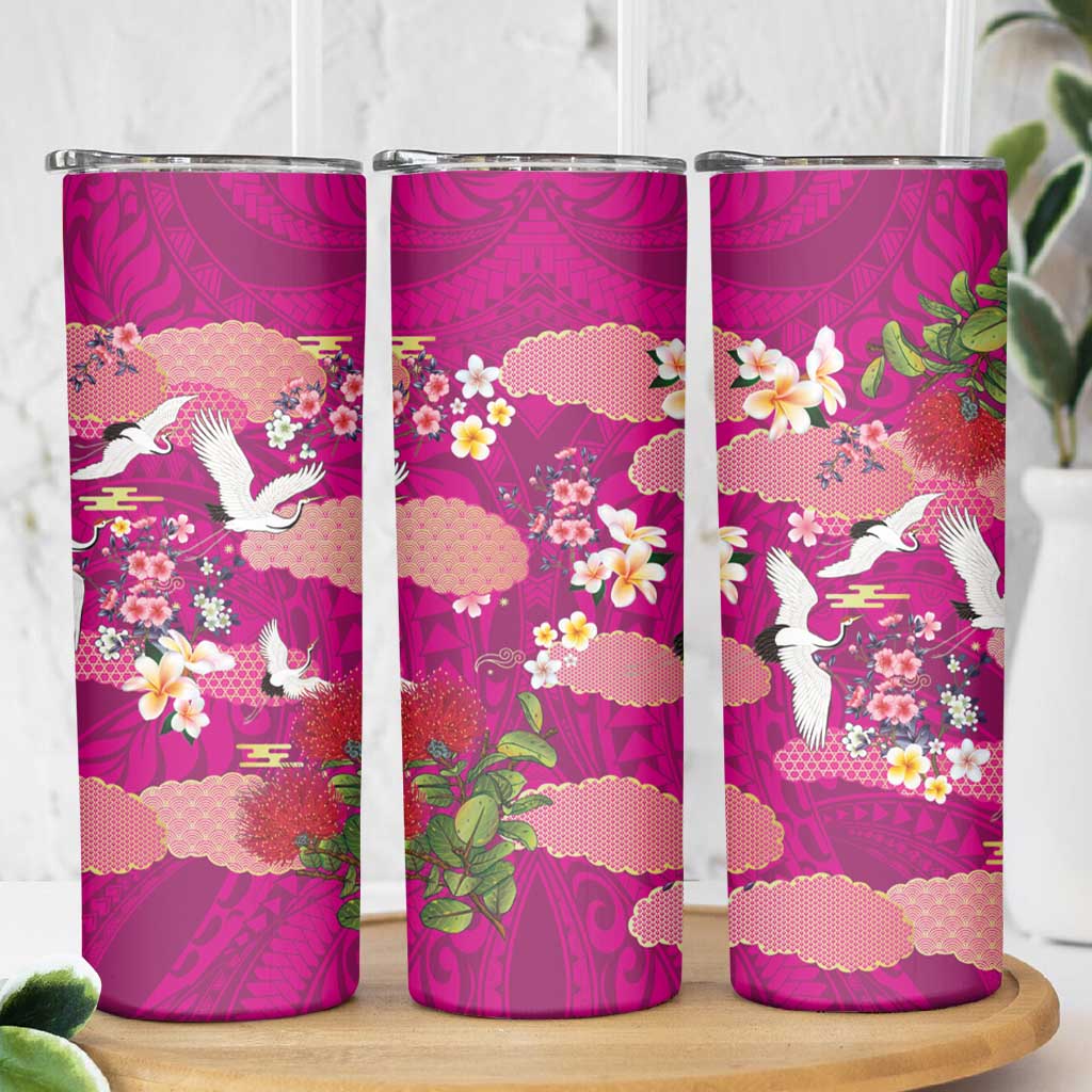Hawaiian and Japanese Culture Together Skinny Tumbler Pink Ohia Lehua Plumeria and Sakura Blooming - Polynesian Pride