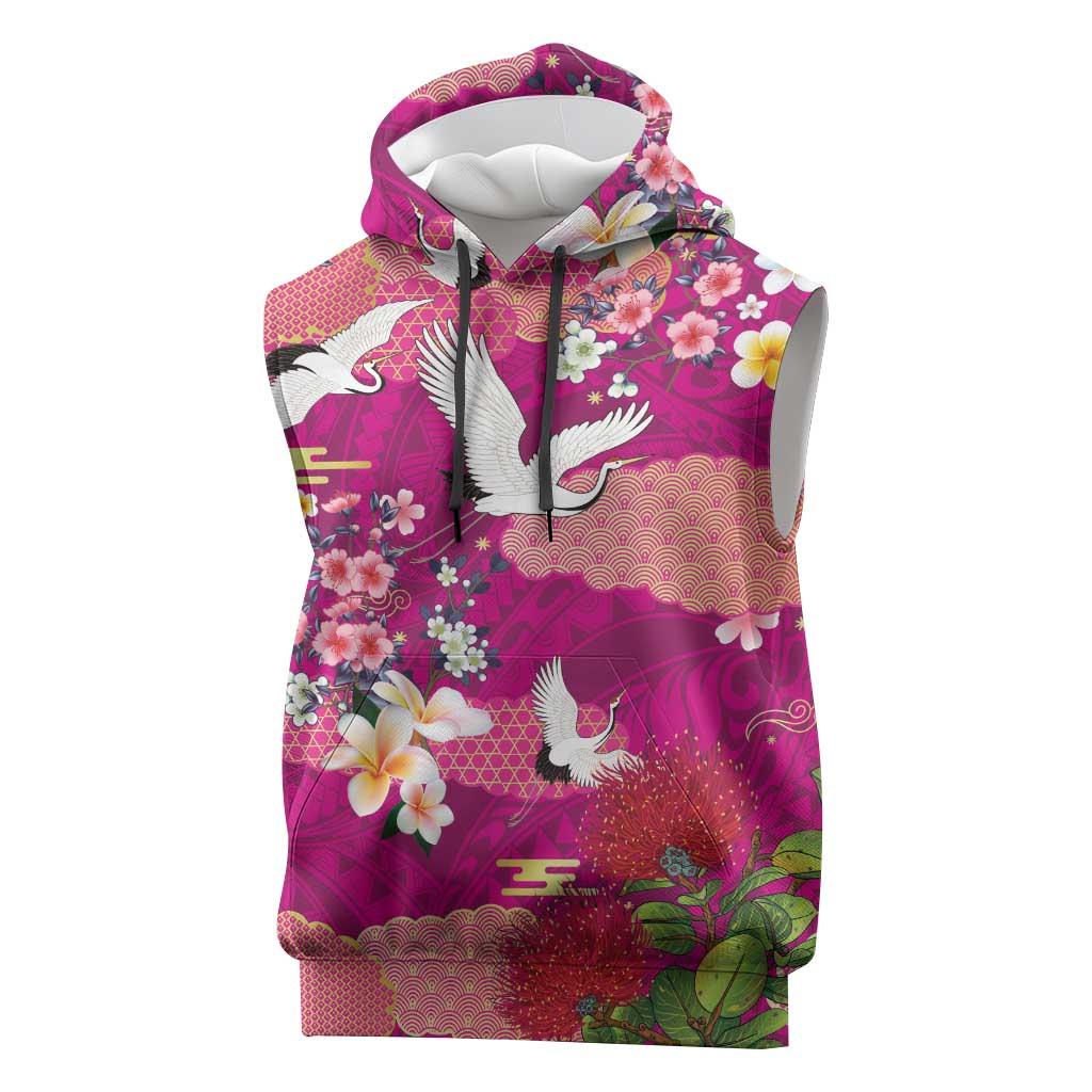 Hawaiian and Japanese Culture Together Sleeveless Hoodie Pink Ohia Lehua Plumeria and Sakura Blooming - Polynesian Pride