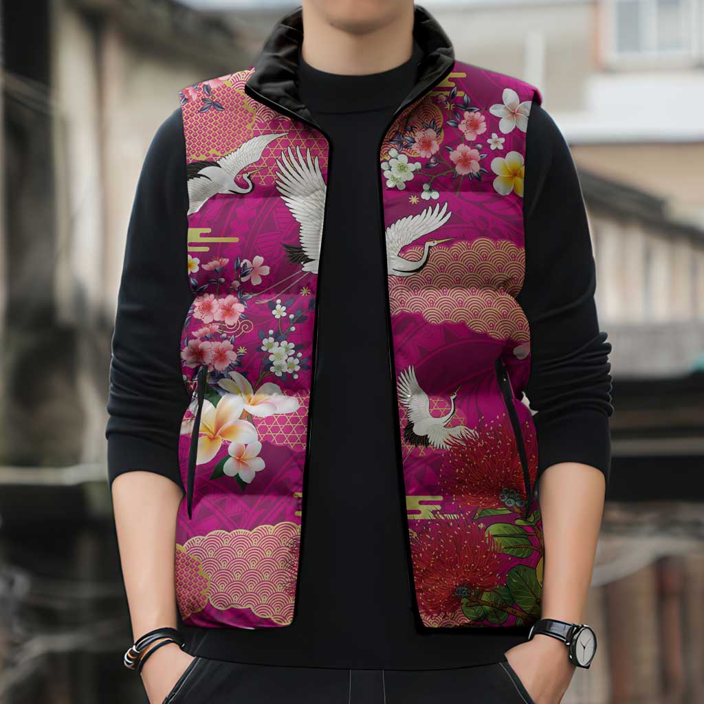 Hawaiian and Japanese Culture Together Sleeveless Puffer Jacket Pink Ohia Lehua Plumeria and Sakura Blooming - Polynesian Pride