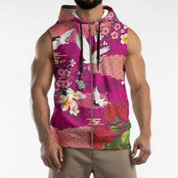 Hawaiian and Japanese Culture Together Sleeveless Zip Hoodie Pink Ohia Lehua Plumeria and Sakura Blooming - Polynesian Pride