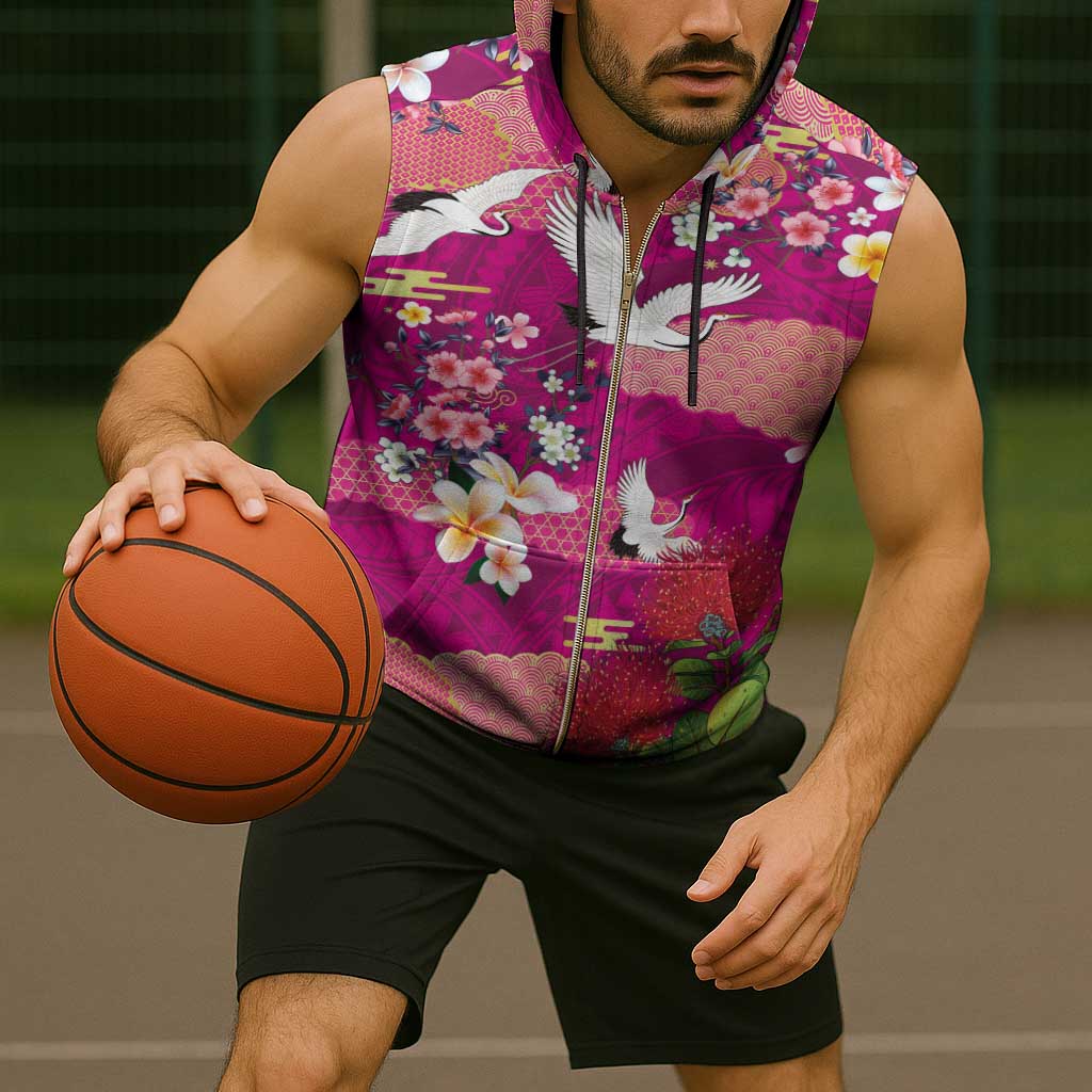 Hawaiian and Japanese Culture Together Sleeveless Zip Hoodie Pink Ohia Lehua Plumeria and Sakura Blooming - Polynesian Pride