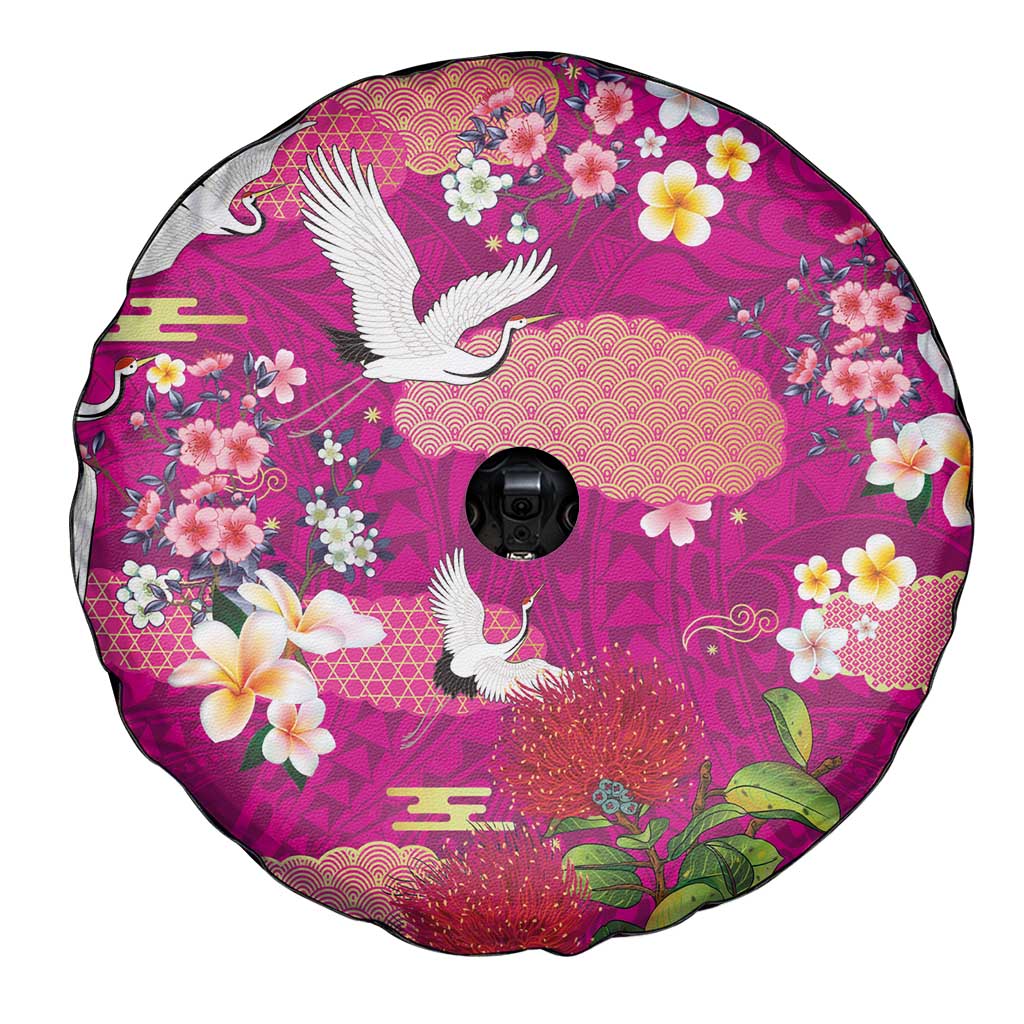 Hawaiian and Japanese Culture Together Spare Tire Cover Pink Ohia Lehua Plumeria and Sakura Blooming - Polynesian Pride
