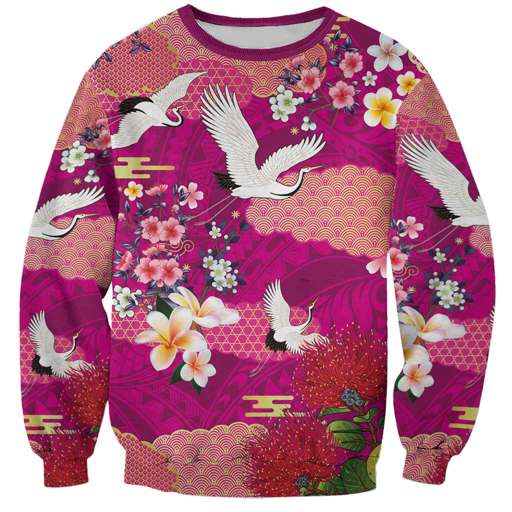 Hawaiian and Japanese Culture Together Sweatshirt Pink Ohia Lehua Plumeria and Sakura Blooming - Polynesian Pride