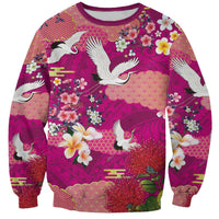 Hawaiian and Japanese Culture Together Sweatshirt Pink Ohia Lehua Plumeria and Sakura Blooming - Polynesian Pride