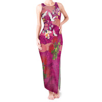Hawaiian and Japanese Culture Together Tank Maxi Dress Pink Ohia Lehua Plumeria and Sakura Blooming - Polynesian Pride