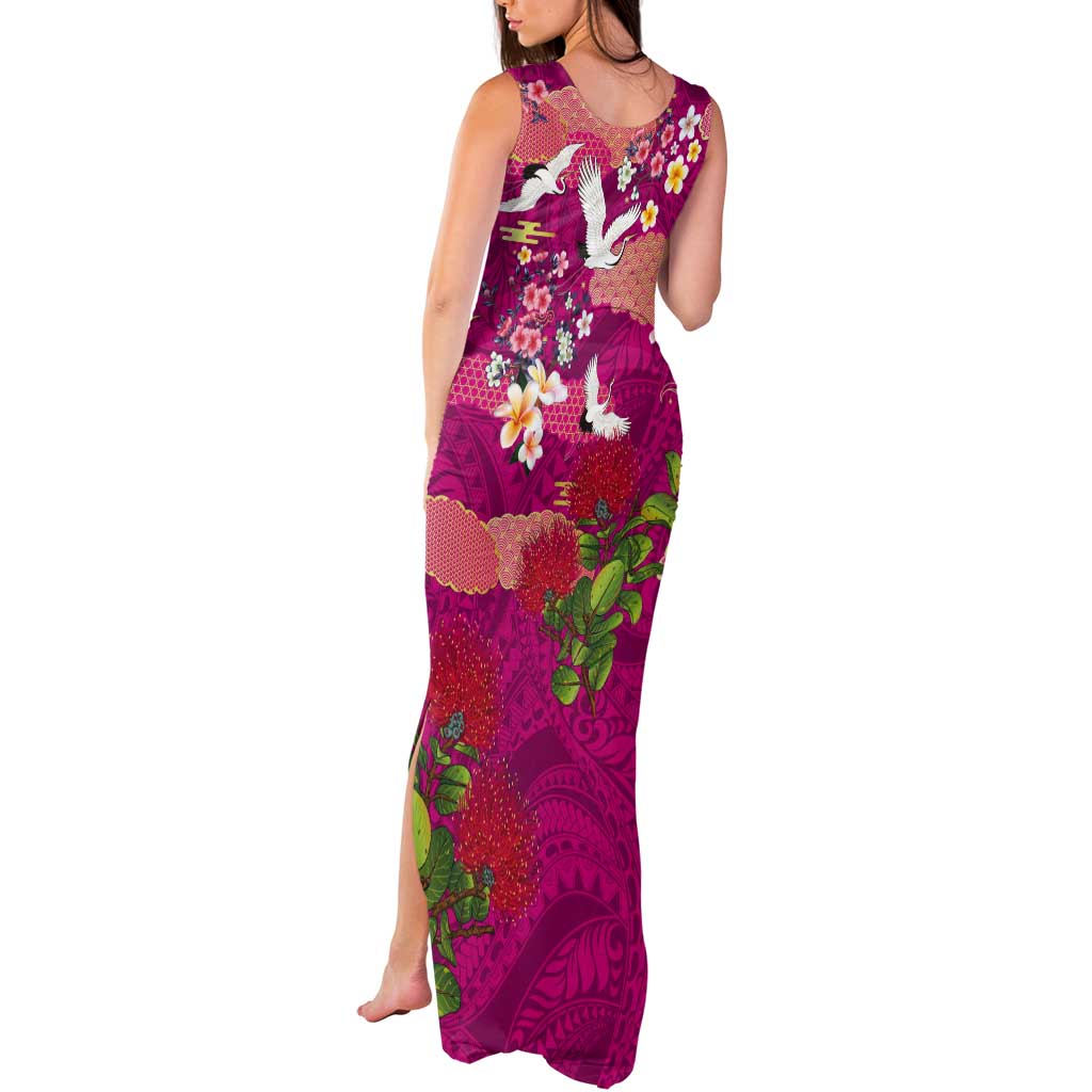 Hawaiian and Japanese Culture Together Tank Maxi Dress Pink Ohia Lehua Plumeria and Sakura Blooming - Polynesian Pride